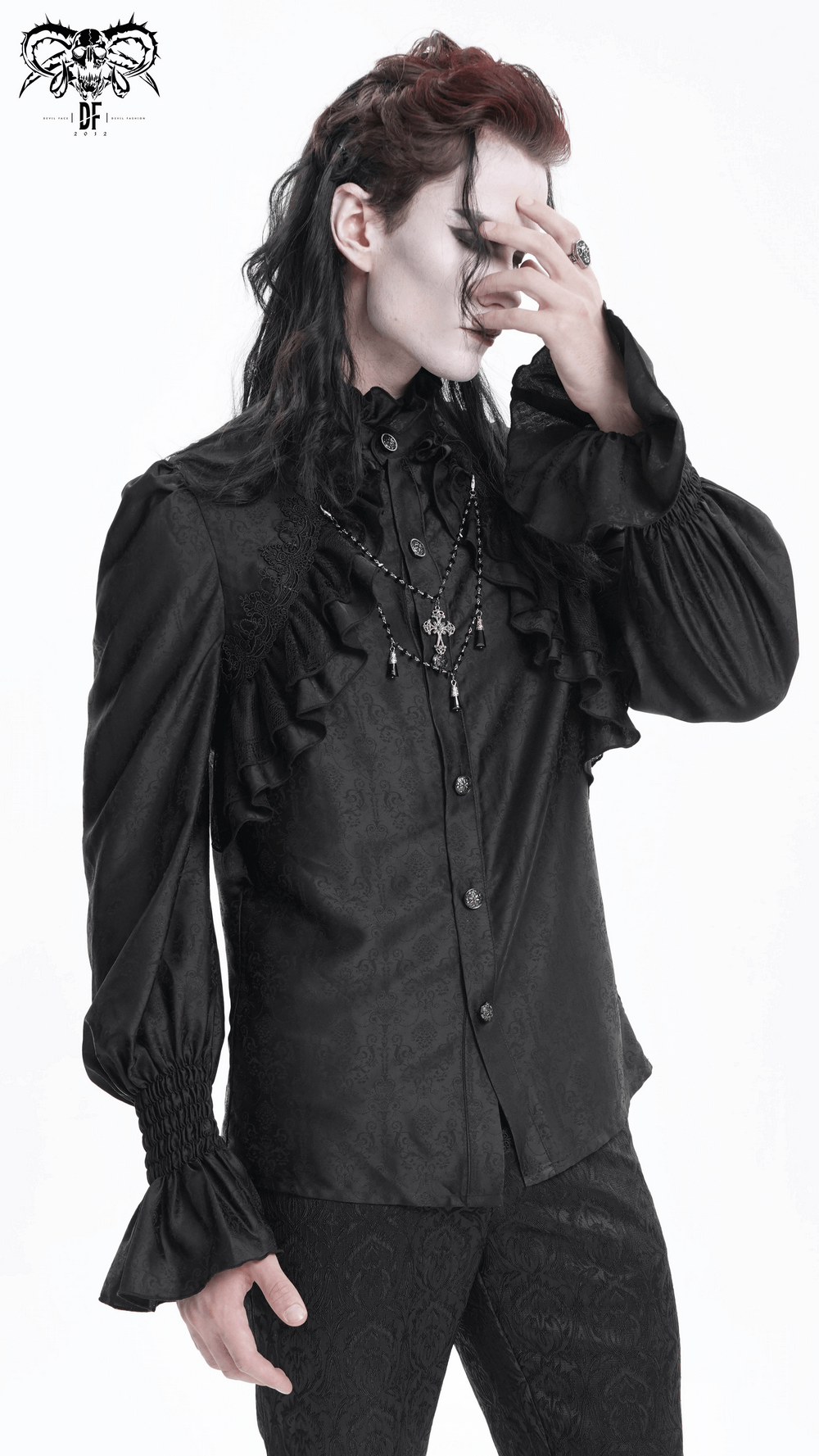 Gothic Victorian high neck shirt with ruffle front, styled for a dark romantic look. Perfect for cosplay and gothic events.