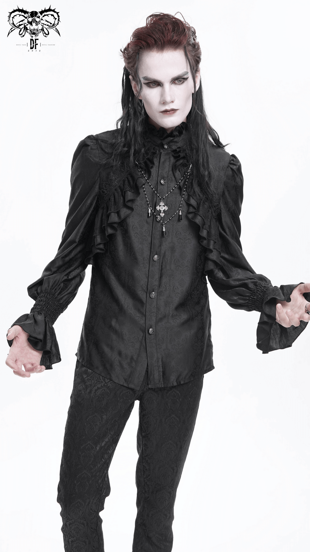 Gothic Victorian high neck ruffle shirt in black, styled for dark romanticism and steampunk fashion.