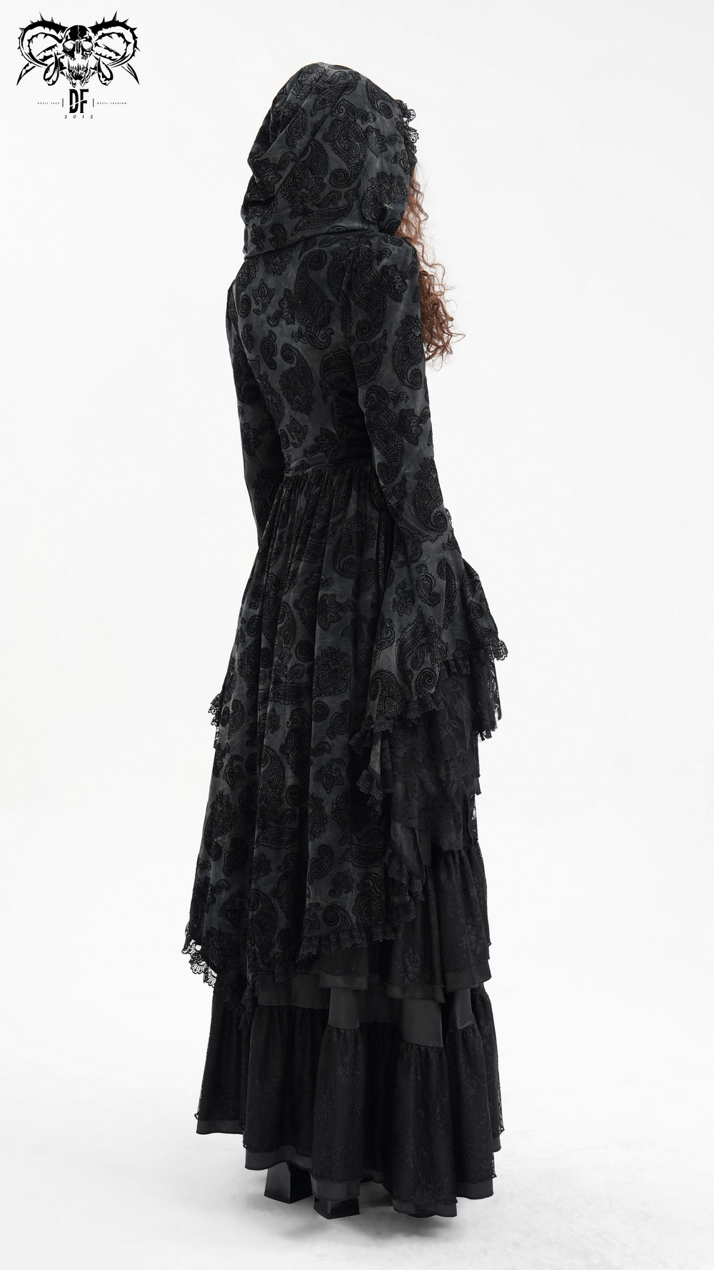 Elegant black Gothic Victorian hooded lace cape with asymmetrical hem and intricate detailing from the back view.