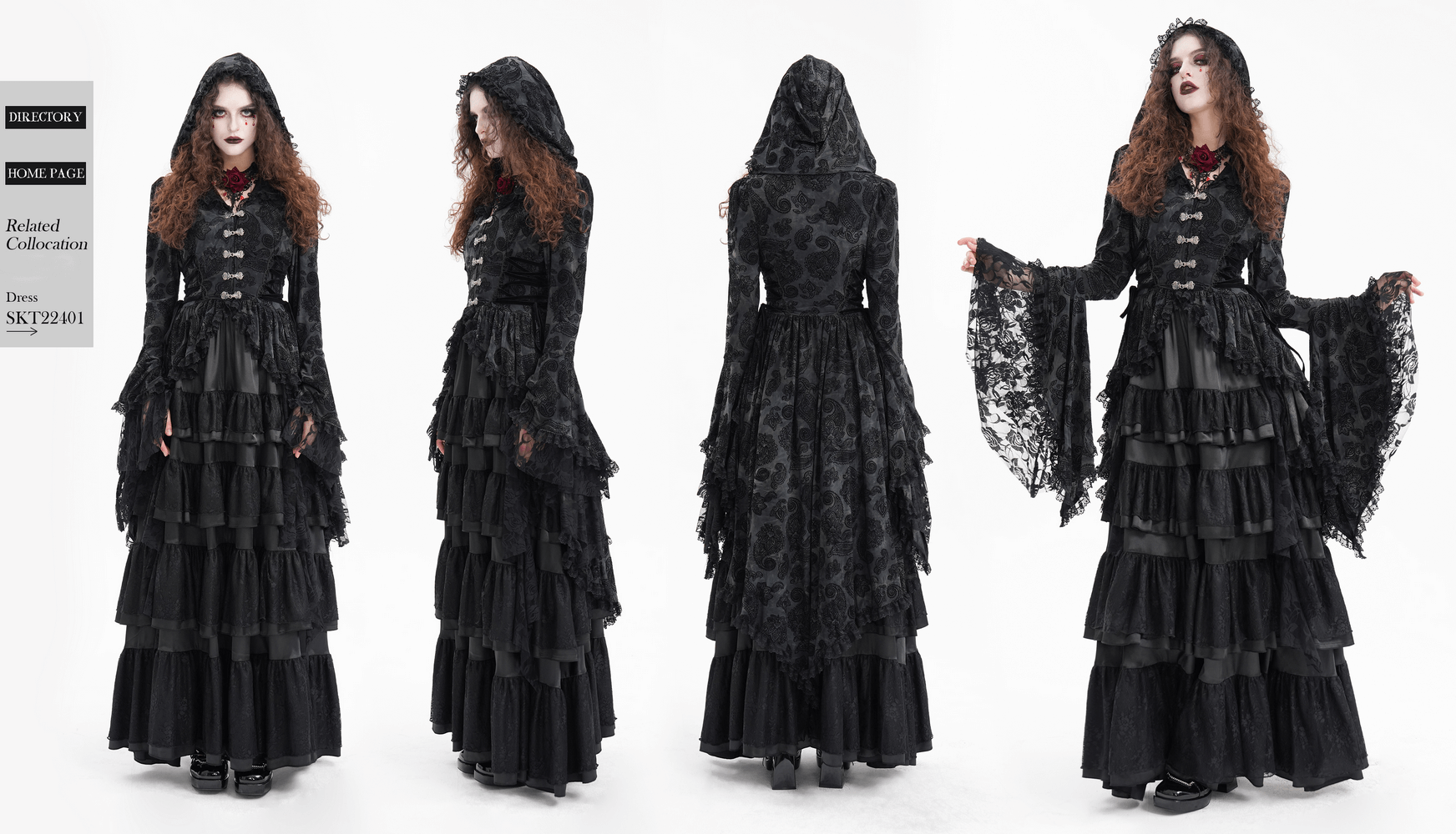 Gothic Victorian hooded lace cape dress with asymmetrical hem and dramatic sleeves, perfect for dark elegance.