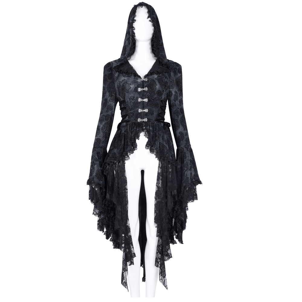 Elegant Gothic Victorian hooded lace cape with asymmetrical hem and intricate detailing on a mannequin.