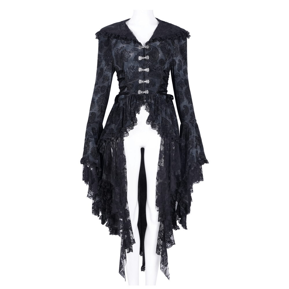 Elegant Gothic Victorian hooded lace cape with asymmetrical hem and ornate button details. Perfect for dark elegance.