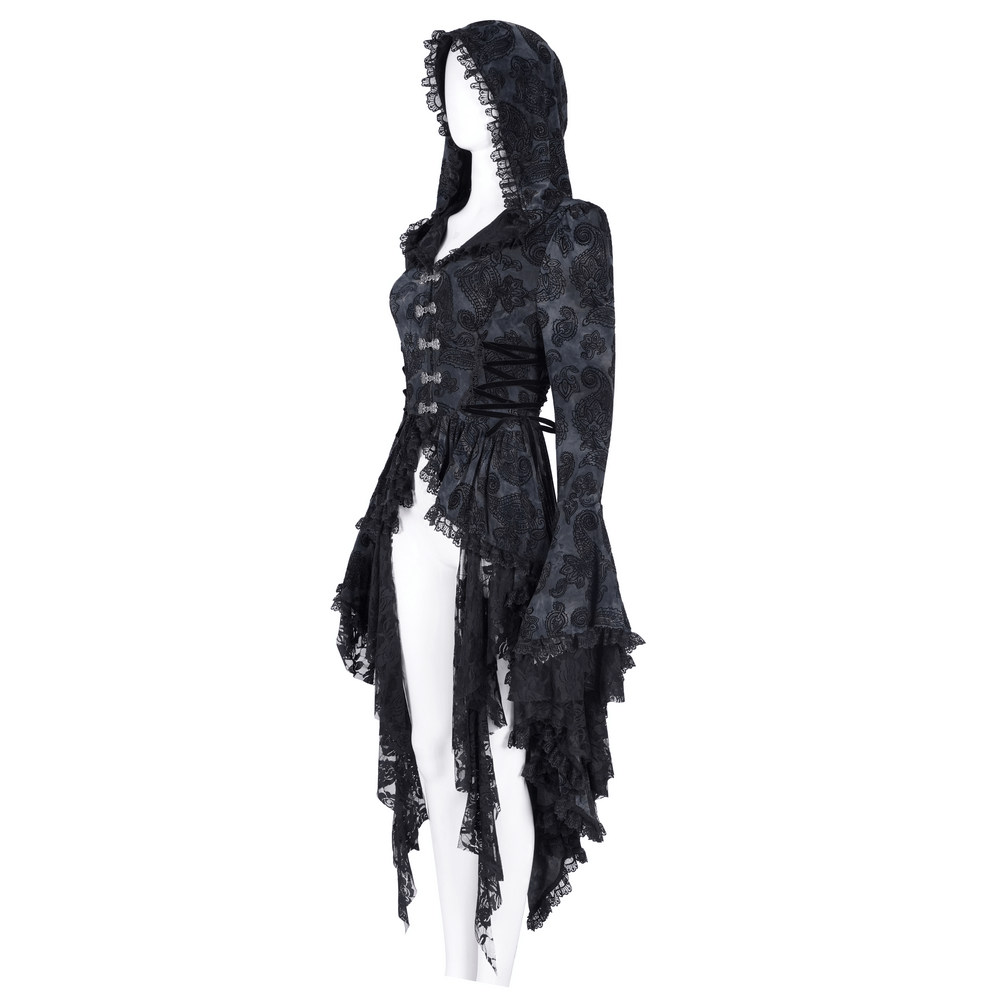 Elegant Gothic Victorian hooded lace cape with asymmetrical hem and intricate detailing, perfect for a dramatic look.