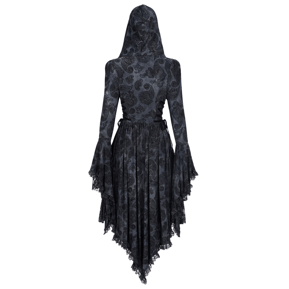 Elegant Gothic Victorian hooded lace cape with asymmetrical hem and intricate floral design. Perfect for dark fashion lovers.