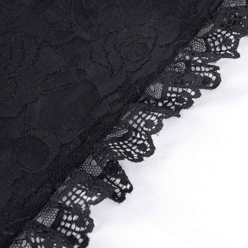 Close-up of intricate black lace detailing with a scalloped edge for Gothic Victorian cape.