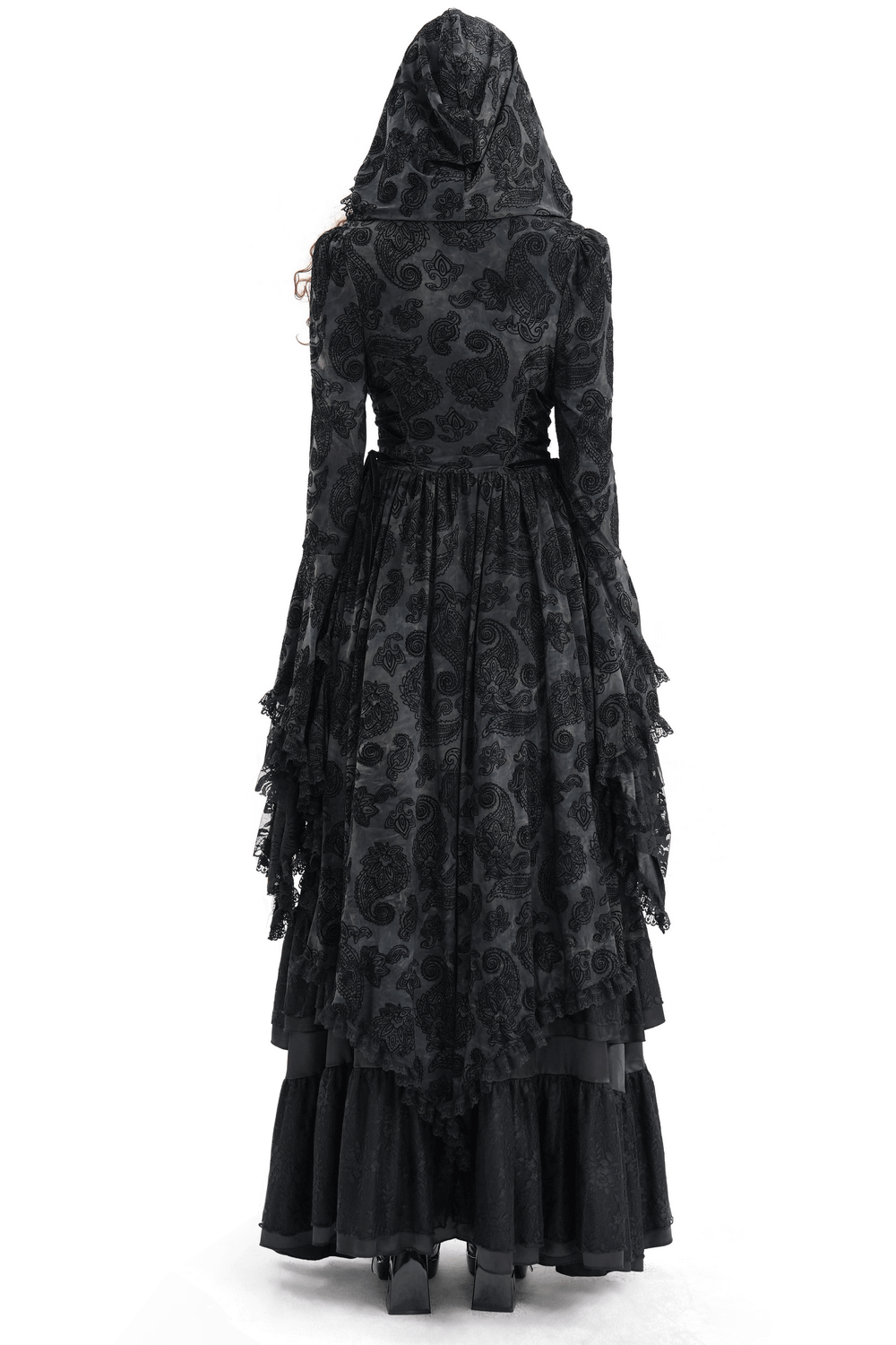 Elegant Gothic Victorian hooded lace cape with asymmetrical hem and intricate lace details from the back.