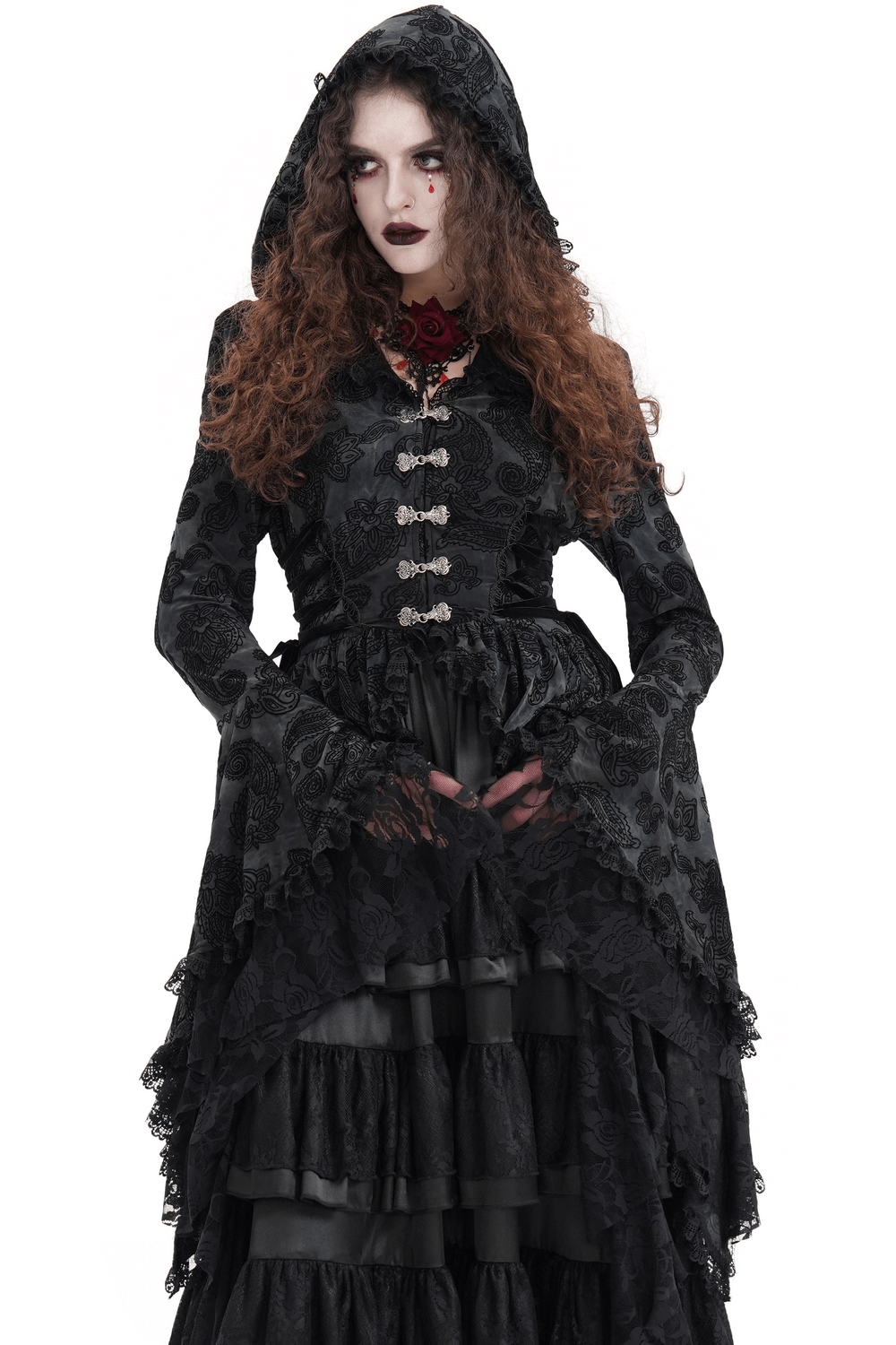 Elegant Gothic Victorian hooded lace cape with asymmetrical hem and ornate buttons, perfect for dark fashion enthusiasts.