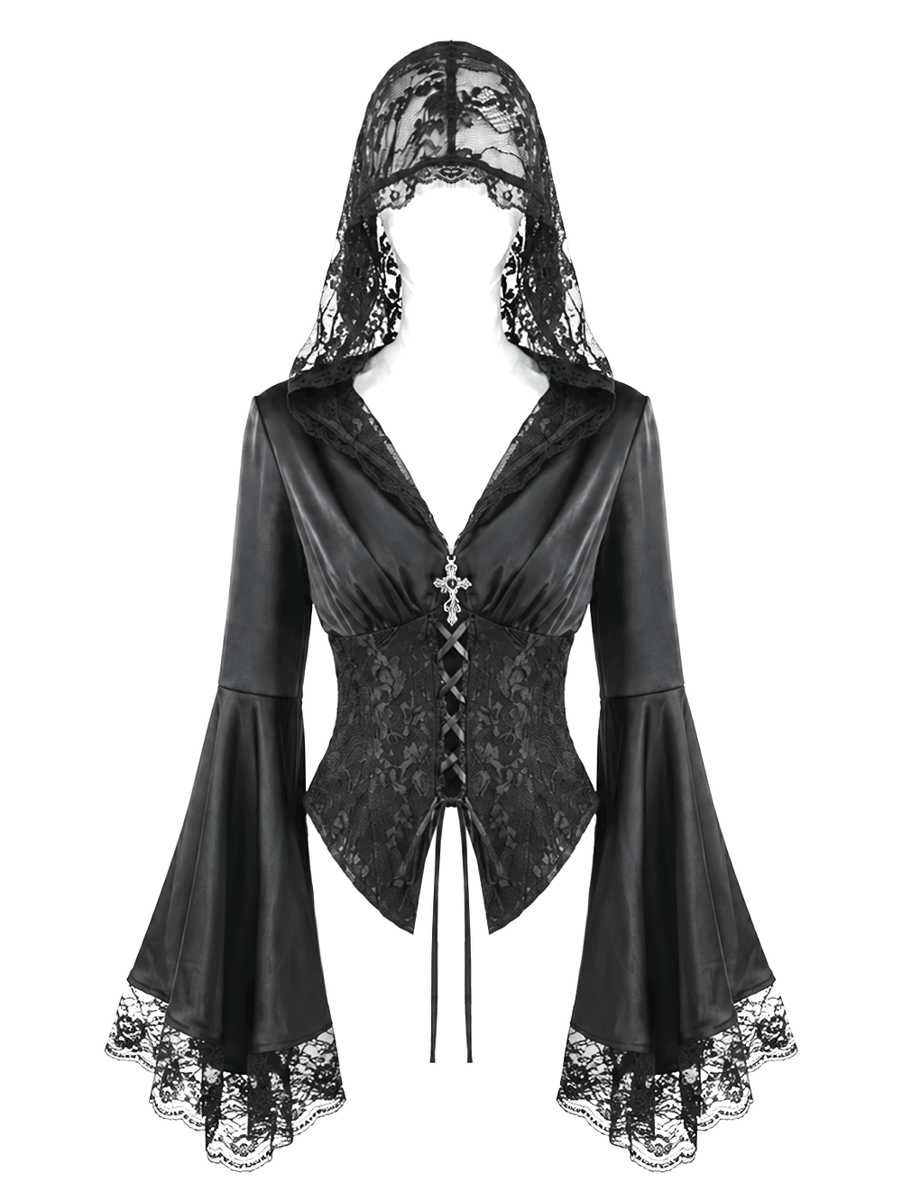 Gothic Victorian Hooded Lace Up Bell Sleeved Blouse, black lace hood, corset waist and dramatic bell sleeves