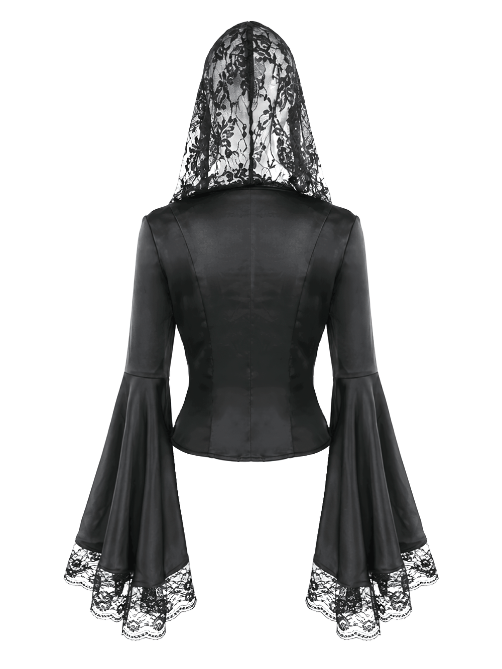 Gothic Victorian Hooded Lace Up Bell Sleeved Blouse, black lace hood and dramatic bell sleeves for dark romantic style