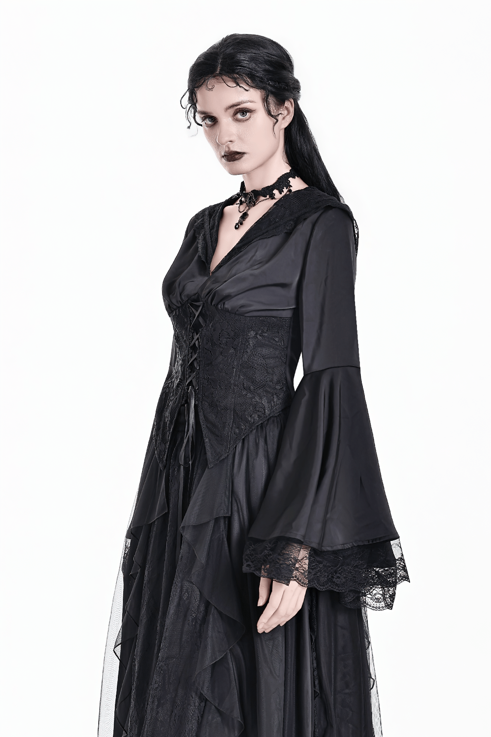 Gothic Victorian Hooded Lace Up Bell Sleeved Blouse, black dark romantic corset-style top with lace hood and bell sleeves