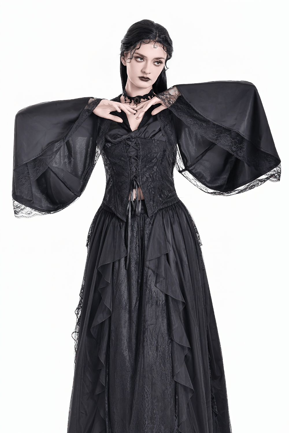 Gothic Victorian Hooded Lace Up Bell Sleeved Blouse, black corset-style top with dramatic lace bell sleeves