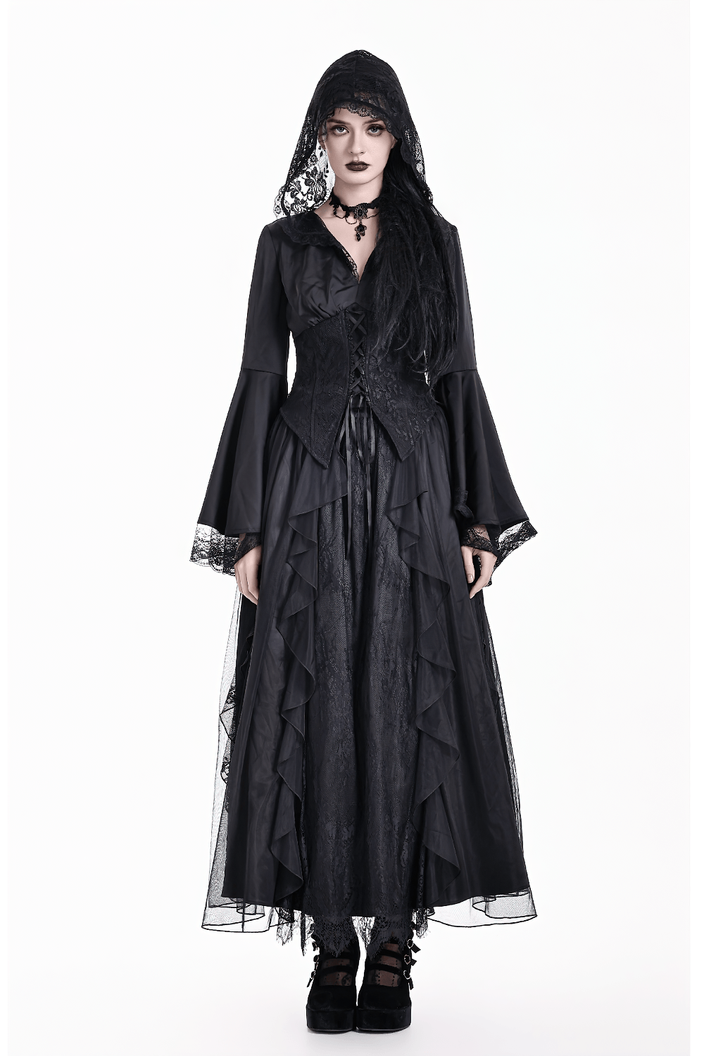 Gothic Victorian Hooded Lace Up Bell Sleeved Blouse, black lace corset top with bell sleeves and hooded romantic style