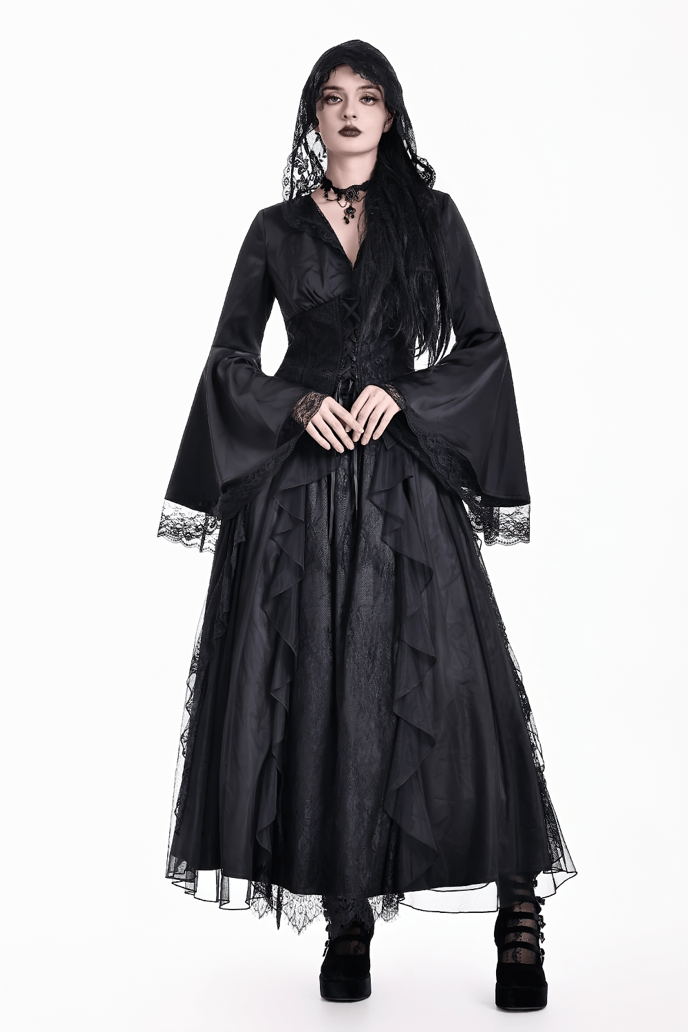 Gothic Victorian Hooded Lace Up Bell Sleeved Blouse, black dark romantic corset top with lace trim and bell sleeves