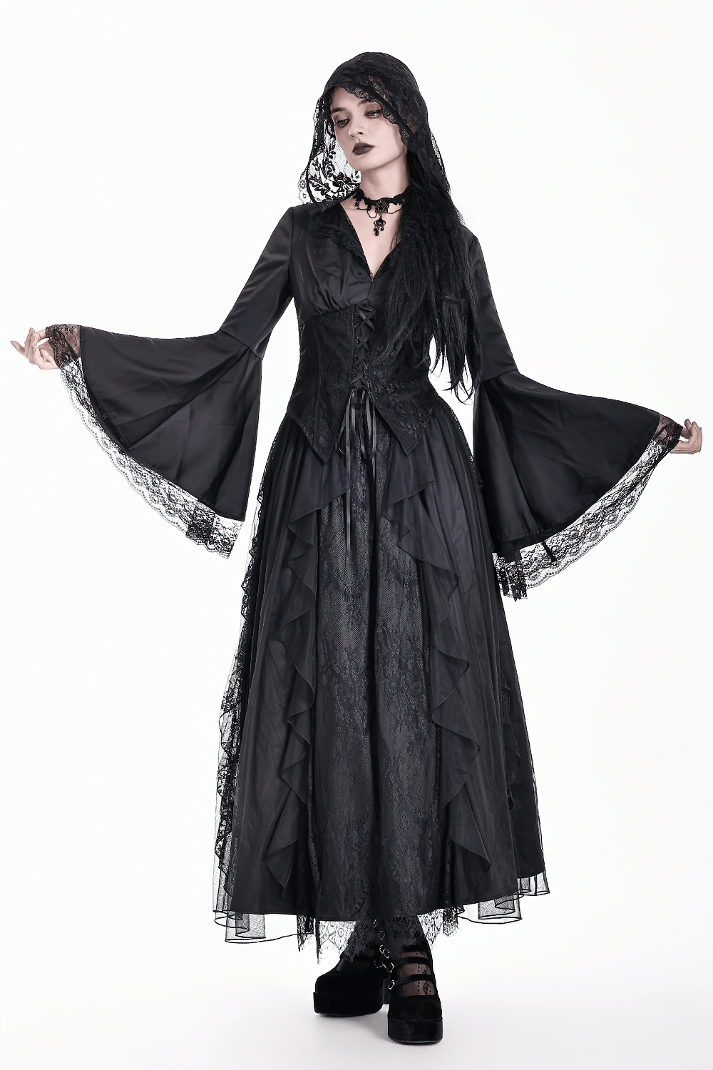 Gothic Victorian Hooded Lace Up Bell Sleeved Blouse, black dark romantic corset-style top with lace trim and bell sleeves