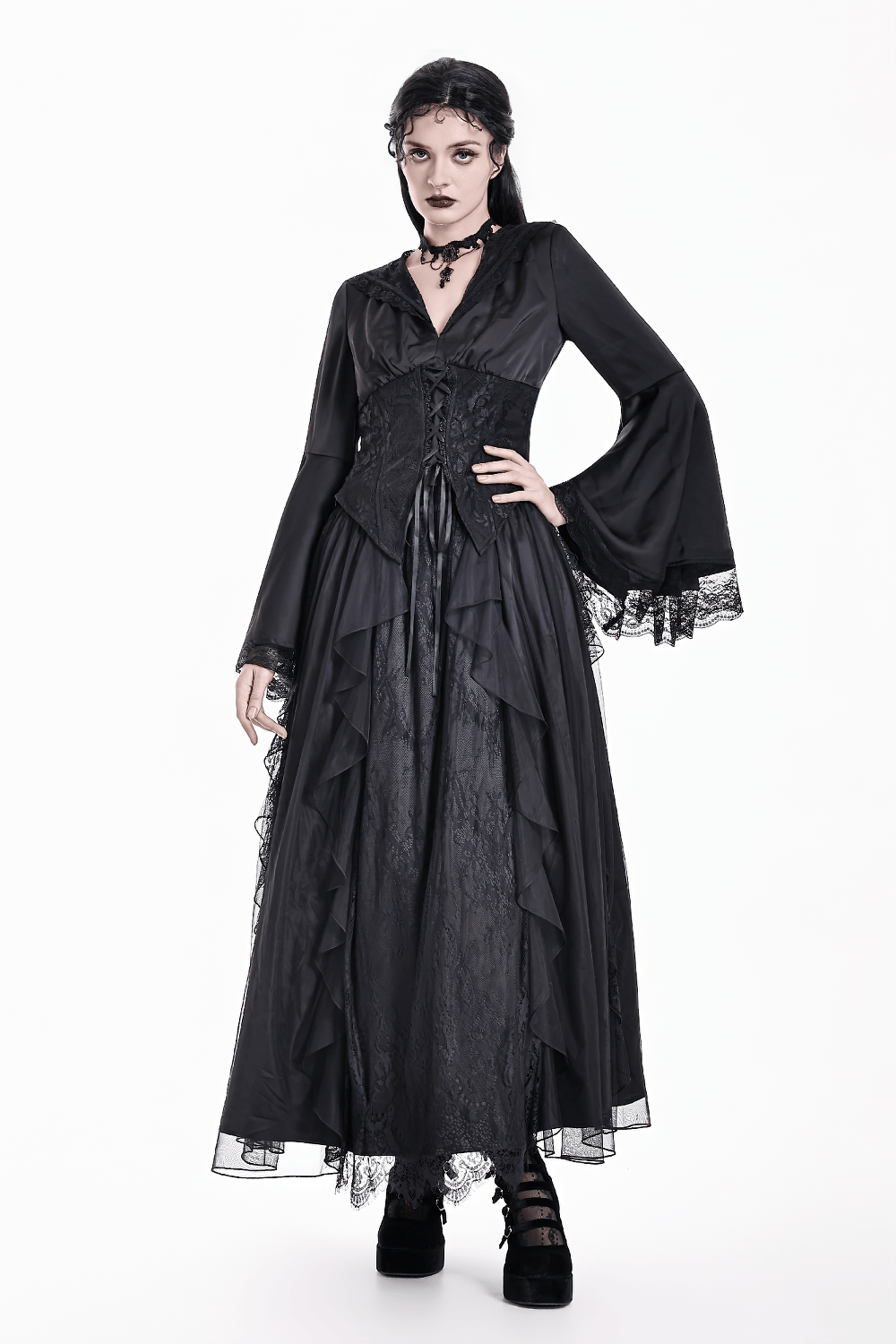 Gothic Victorian Hooded Lace Up Bell Sleeved Blouse black corset-style top with lace trim, dramatic sleeves, and dark romantic flair