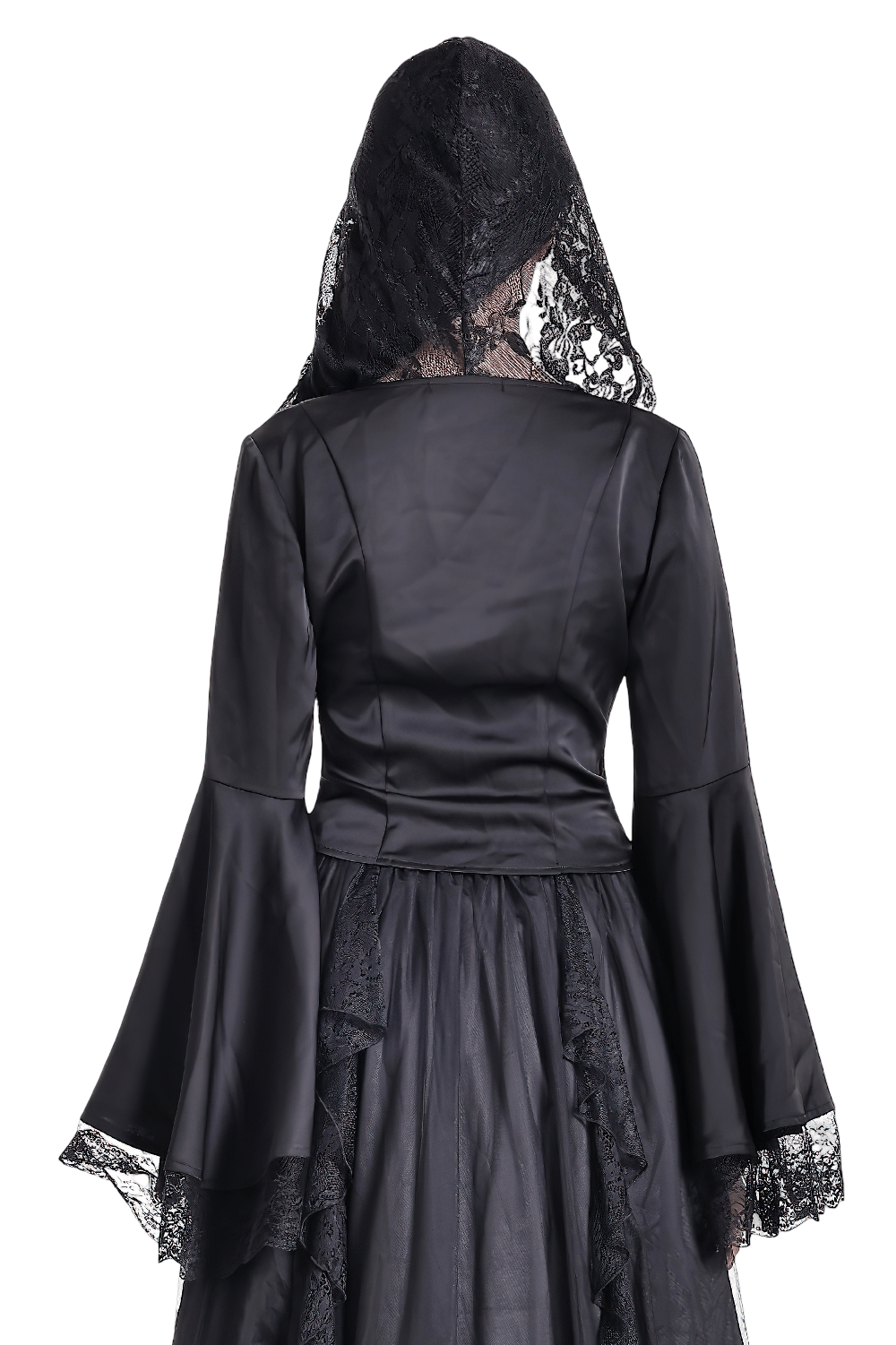 Gothic Victorian Hooded Lace Up Bell Sleeved Blouse with floral lace hood, corset waist and dramatic bell sleeves