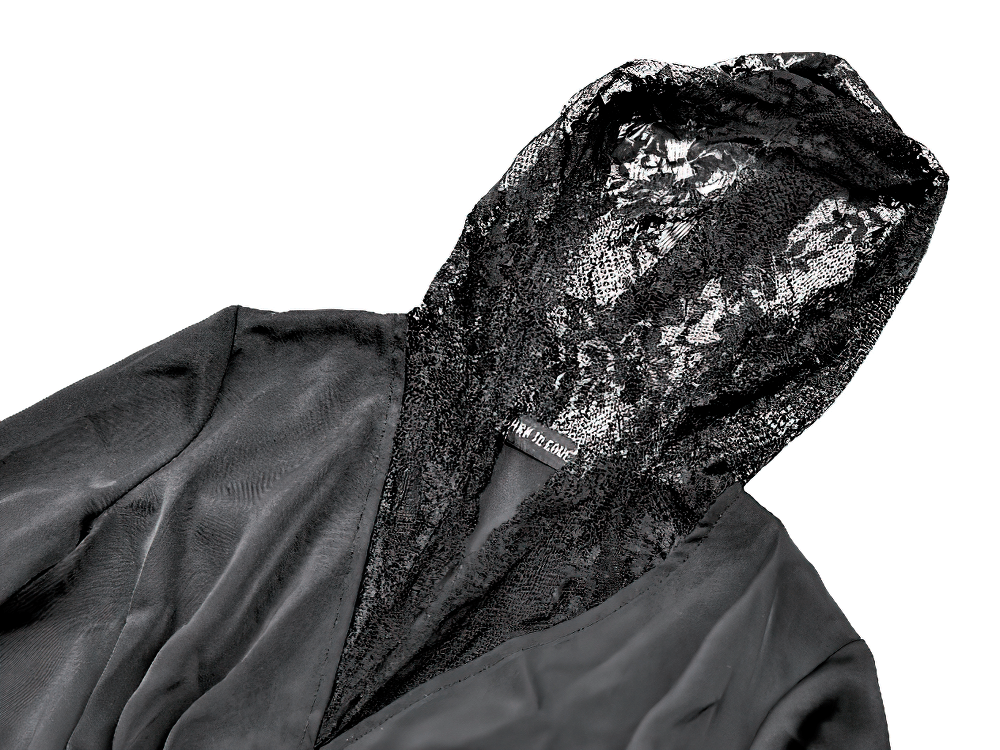Gothic Victorian Hooded Lace Up Bell Sleeved Blouse, black dark romantic top with lace hood and bell sleeves