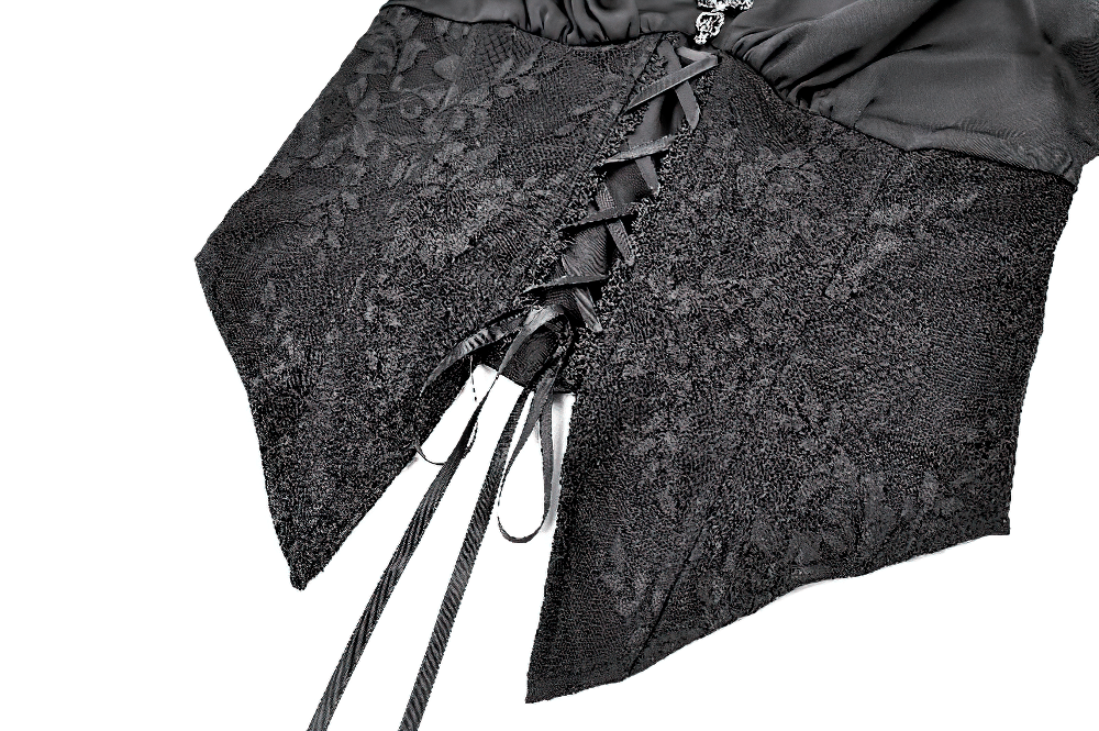 Gothic Victorian Hooded Lace Up Bell Sleeved Blouse black corset-style lace trim top with floral hood and lace-up waist