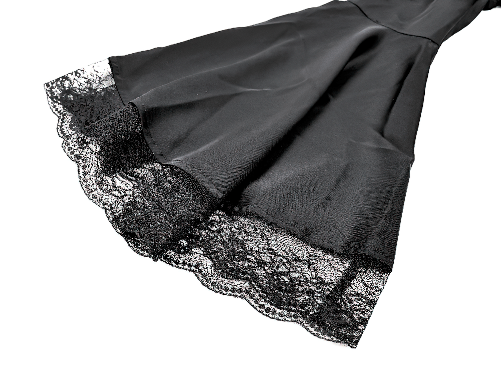 Gothic Victorian Hooded Lace Up Bell Sleeved Blouse black lace-trim sleeve close-up with dark romantic Victorian flair