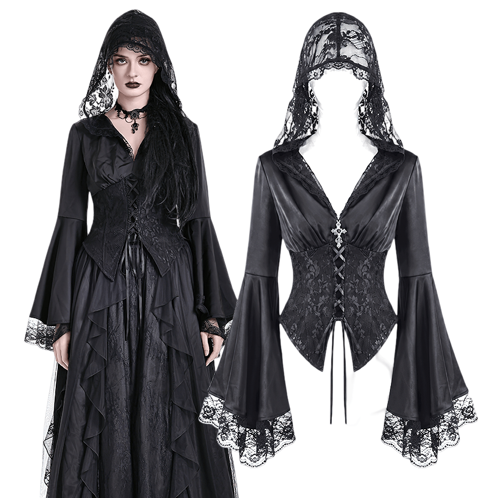 Gothic Victorian Hooded Lace Up Bell Sleeved Blouse black corset style top with floral lace hood, bell sleeves and cross accent