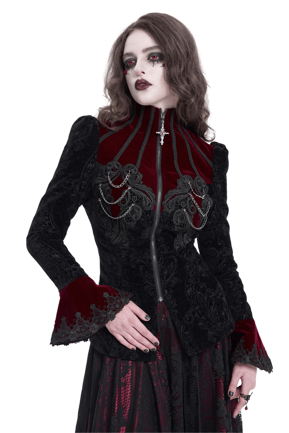 Gothic Victorian jacket with chains and bell sleeves, featuring intricate embroidery, lace trim, and a zip-up front.