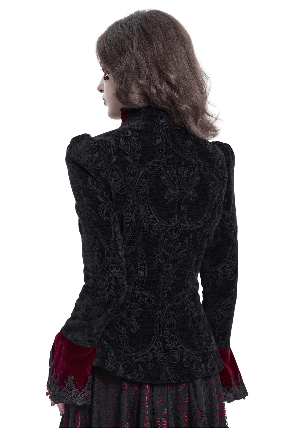 Back view of a Gothic Victorian jacket with intricate embroidery and bell sleeves, perfect for steampunk and alternative fashion.