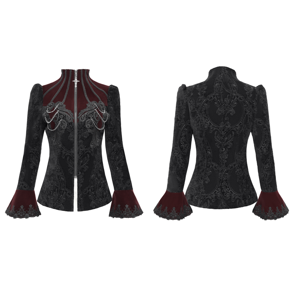 Gothic Victorian jacket with chains and bell sleeves, featuring intricate embroidery and a zip-up front.