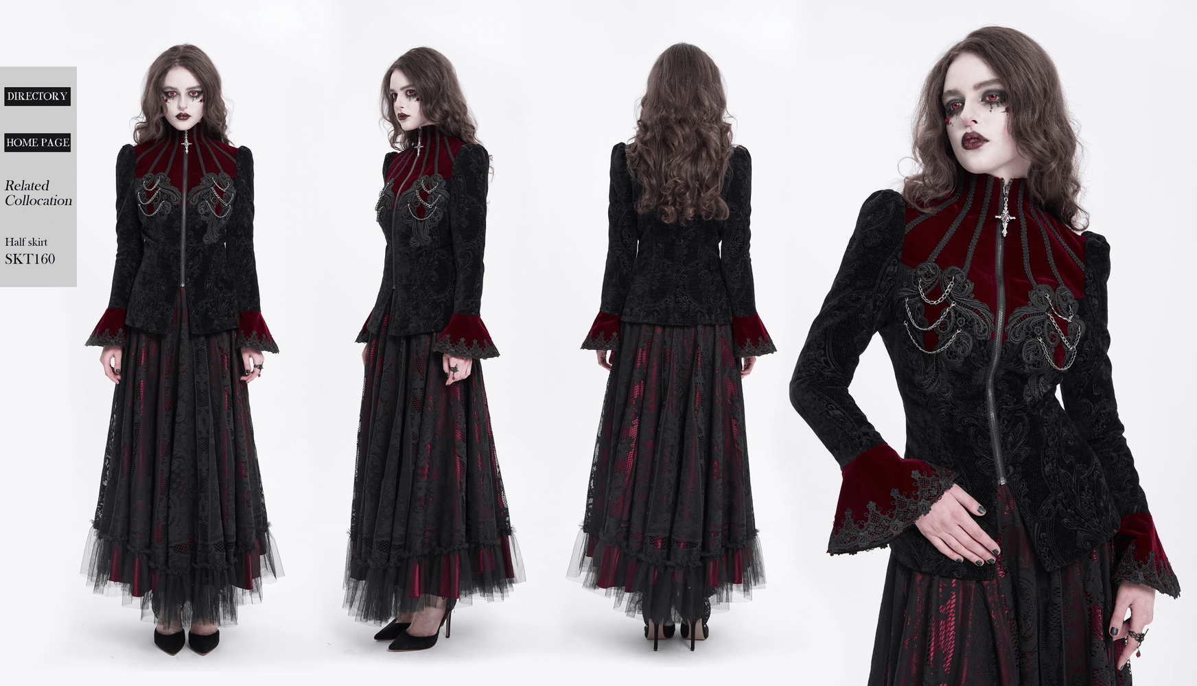 Gothic Victorian jacket with chains and bell sleeves, featuring intricate embroidery and steampunk elegance.