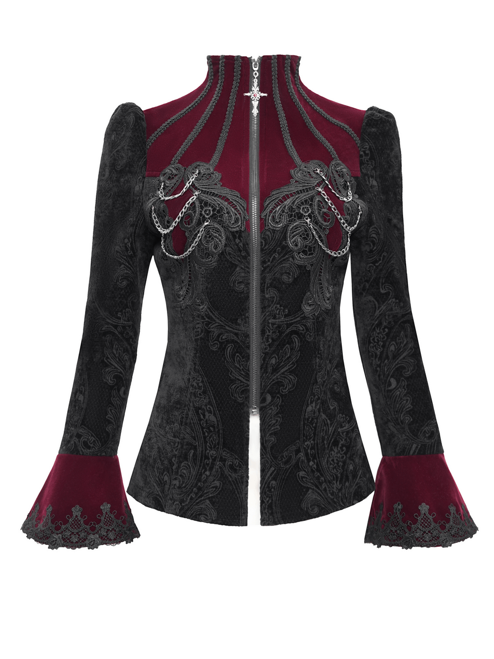 Gothic Victorian jacket with chains, bell sleeves, and intricate embroidery in black and burgundy.