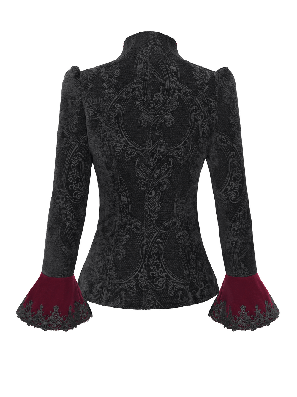 Back view of a Gothic Victorian jacket with ornate black fabric, dramatic bell sleeves, and lace trim accents.