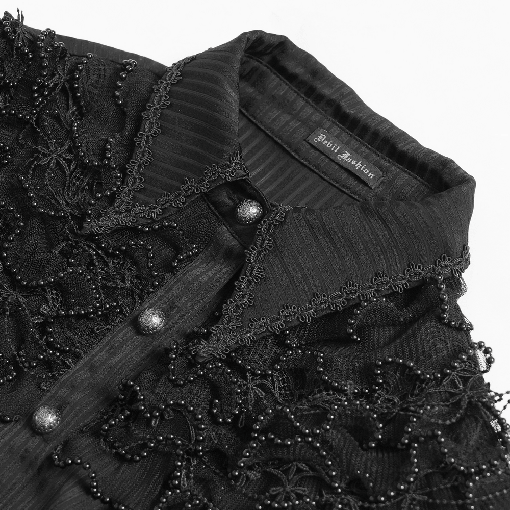 Gothic Victorian Lace Blouse with Corset Back detailed black button-up collar with lace and bead embellishments.