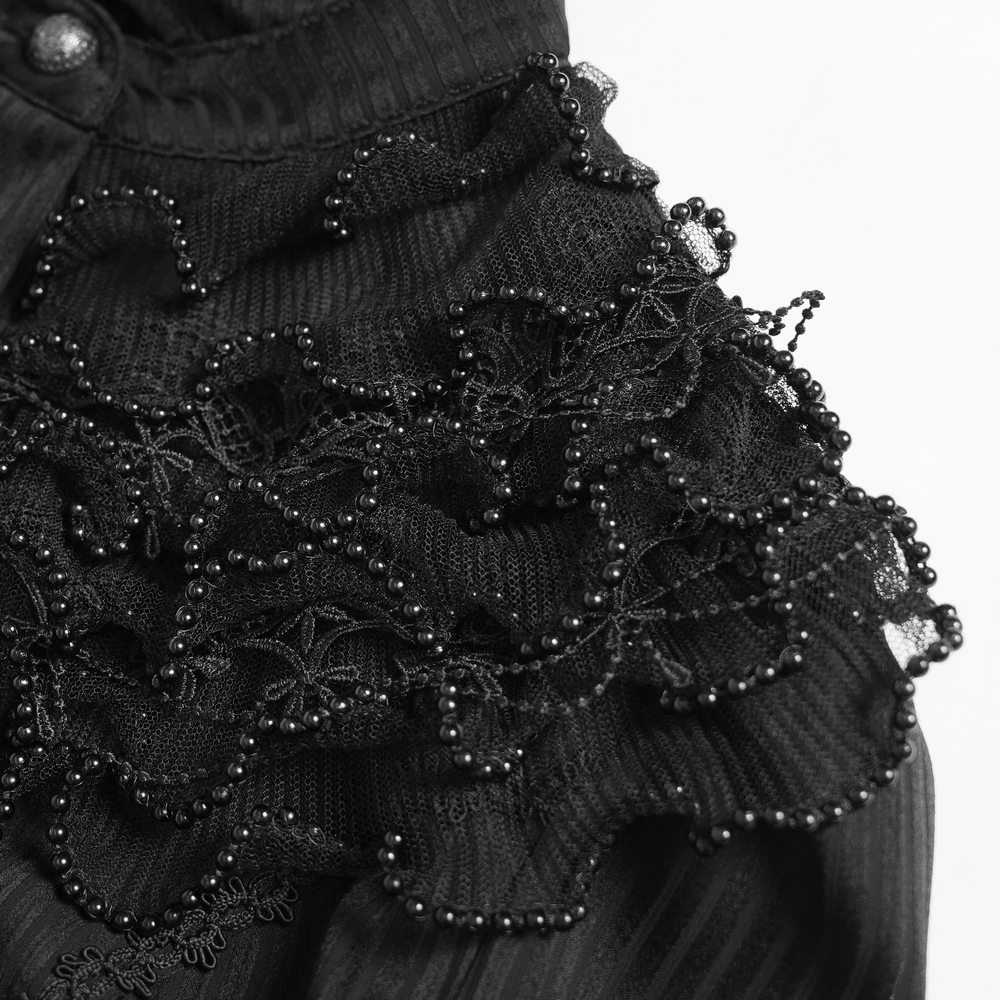 Close-up of intricate detailing on Gothic Victorian Lace Blouse with Corset Back featuring embroidered lace and beads.