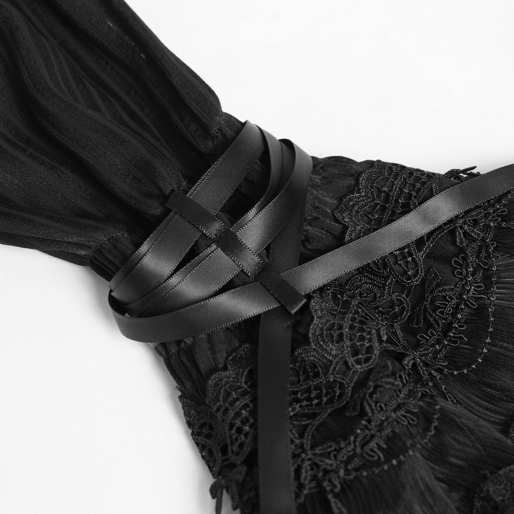 Gothic Victorian Lace Blouse with Corset Back featuring intricate black lace and dramatic ribbon ties.