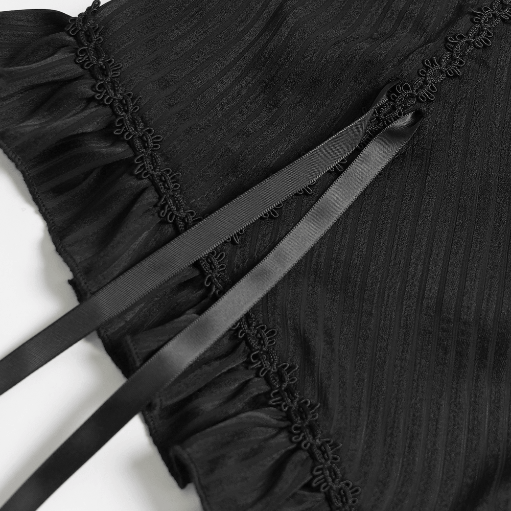 Gothic Victorian Lace Blouse with Corset Back featuring ruffle sleeves, lace trim, and elegant ribbon ties.