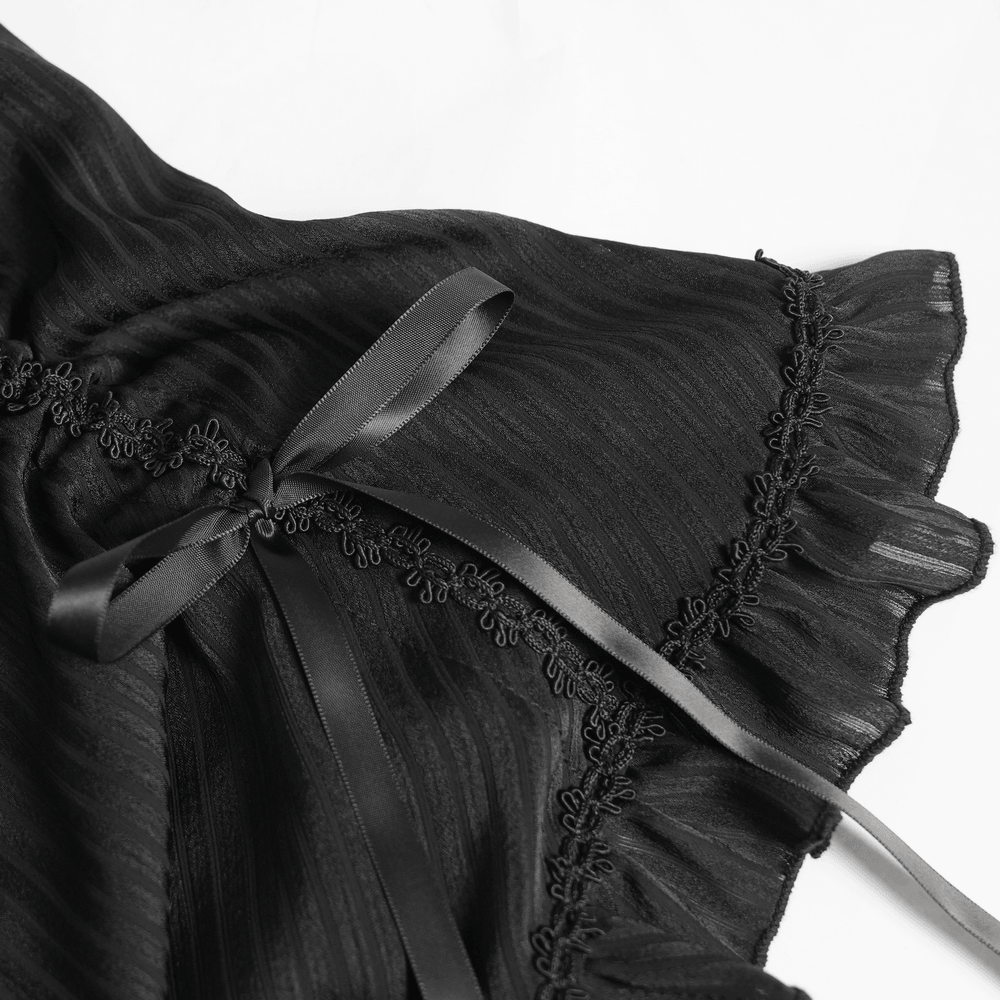 Gothic Victorian Lace Blouse with Corset Back featuring ruffle sleeve and ribbon tie detail.