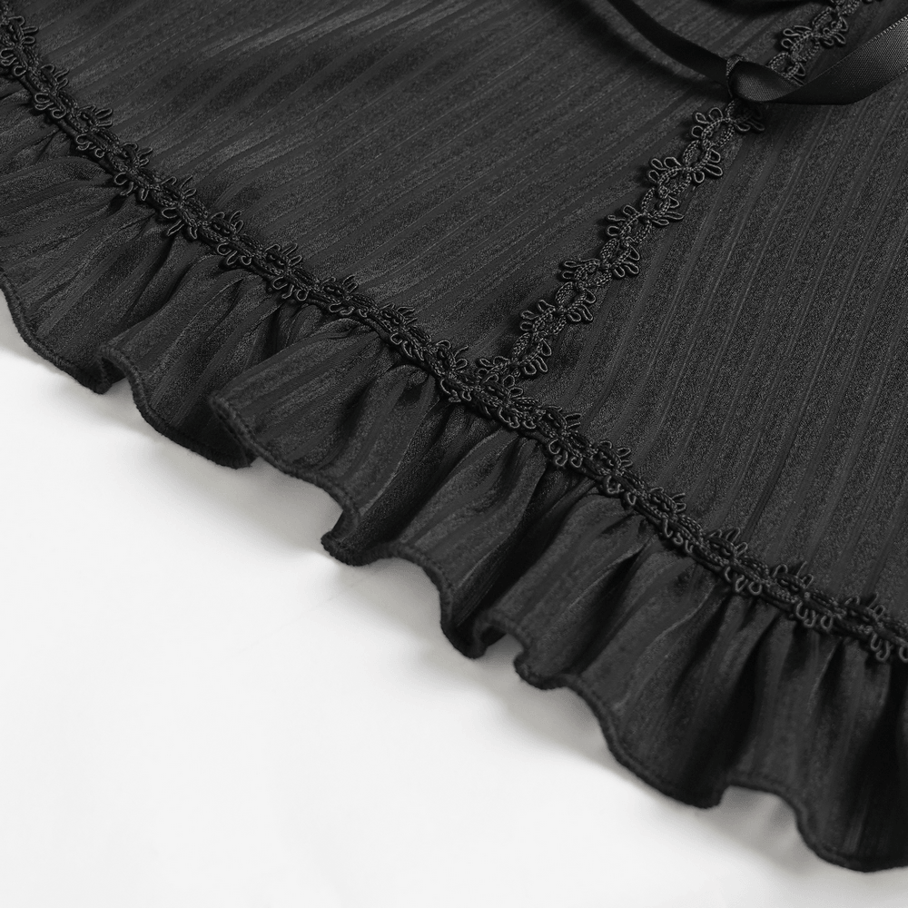 Gothic Victorian Lace Blouse with Corset Back showing black ruffle sleeve detail and ornate lace trim.