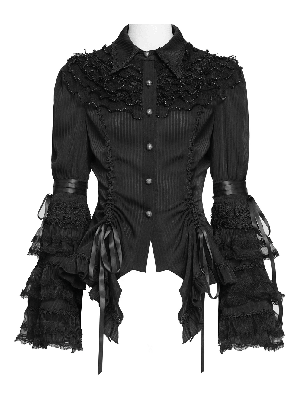 Gothic Victorian Lace Blouse with Corset Back featuring ruffle sleeves and ribbon ties.