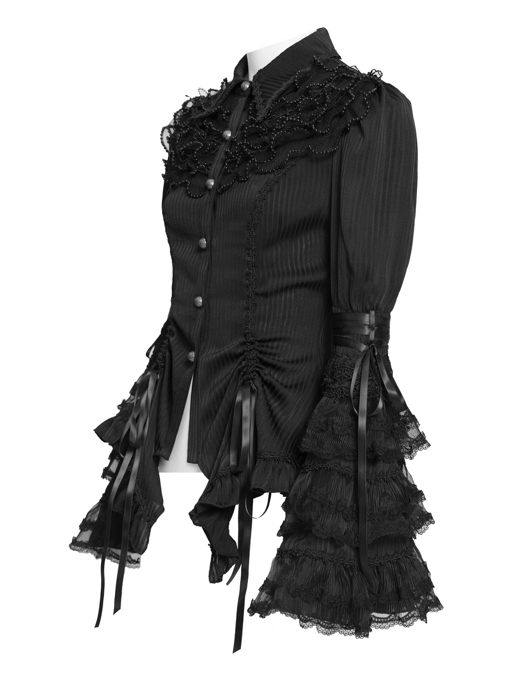 Gothic Victorian Lace Blouse with Corset Back featuring ruffle sleeves and ornate lace trim.