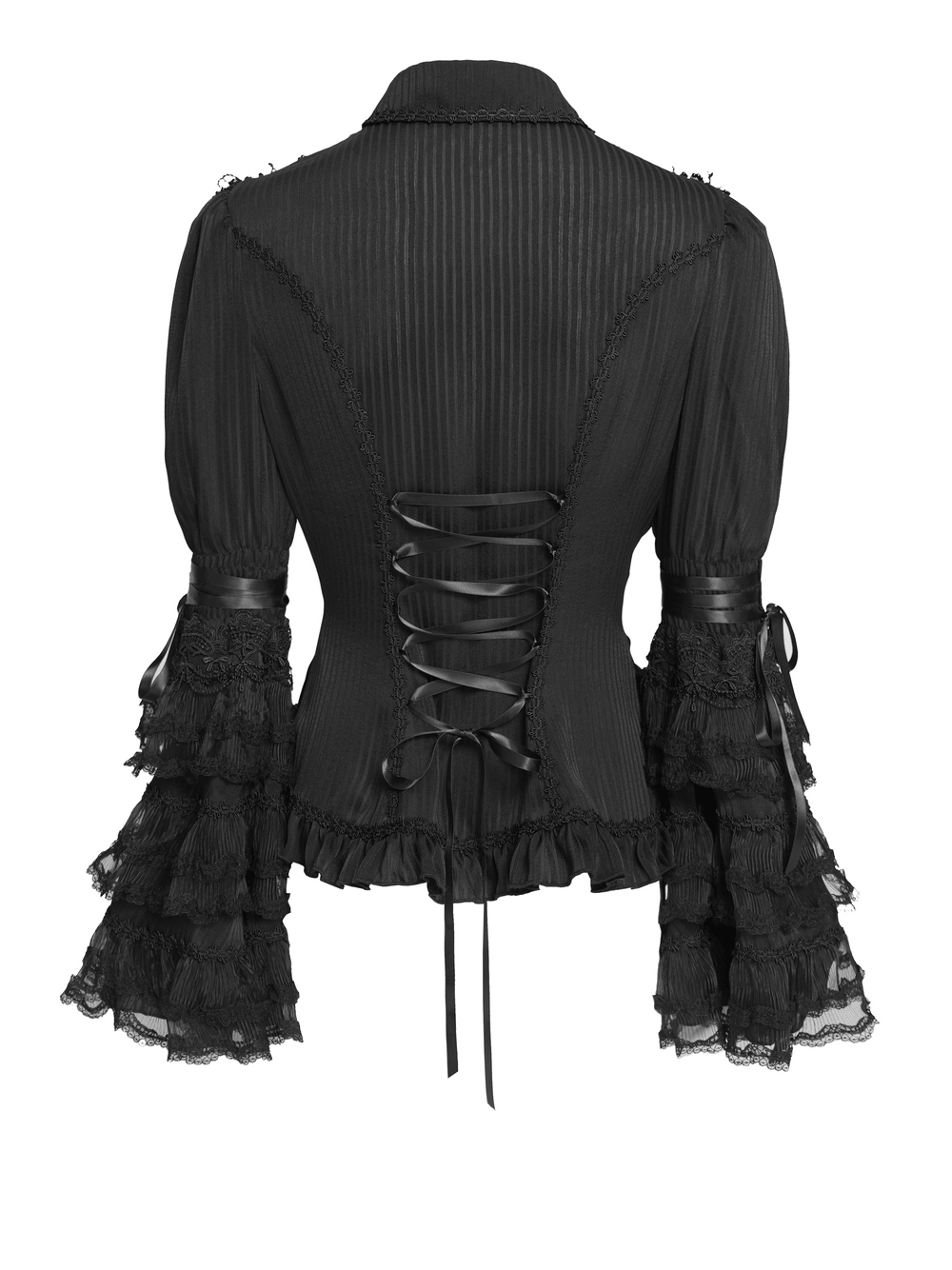 Gothic Victorian Lace Blouse with Corset Back featuring dramatic ruffle sleeves and elegant lace-up detailing.