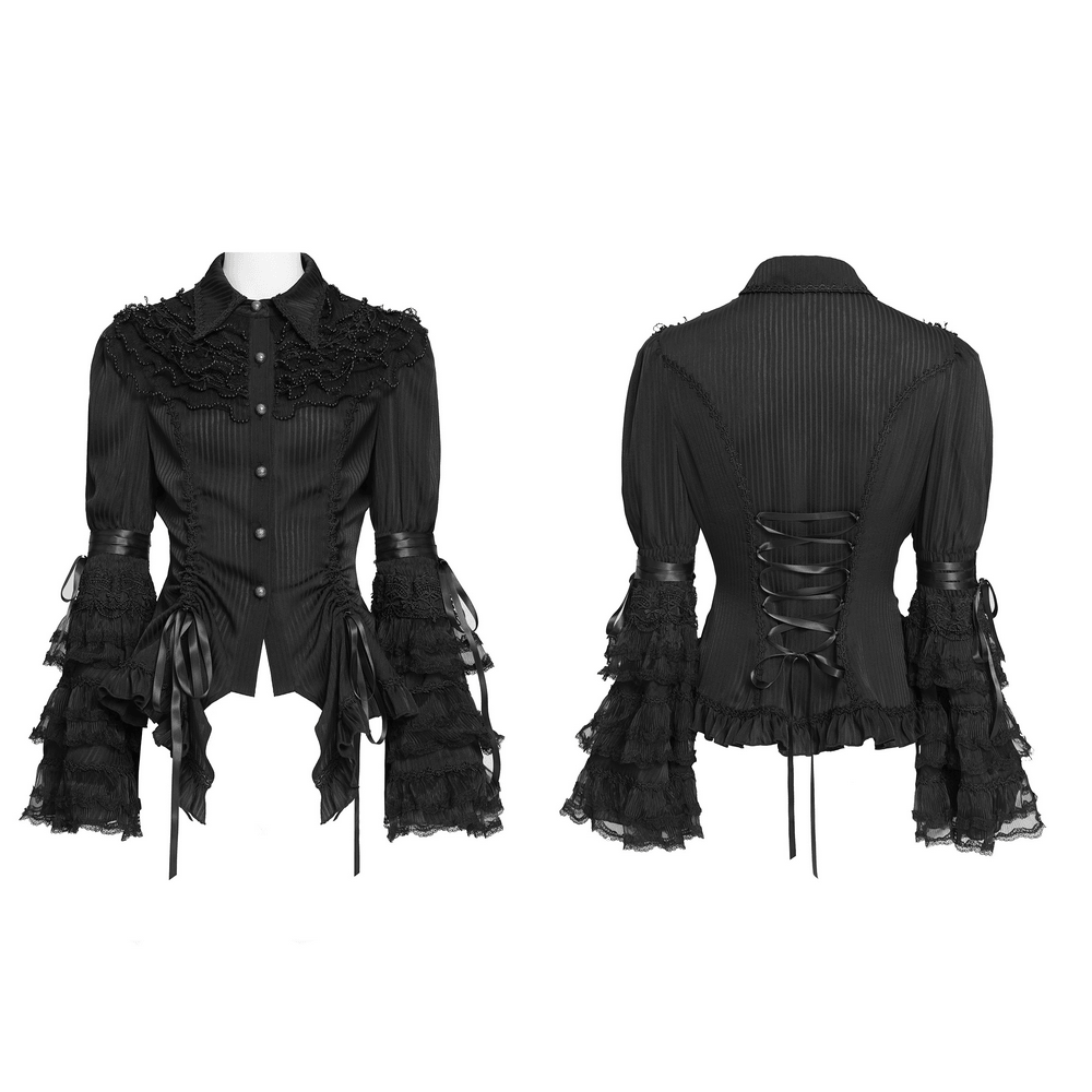 Gothic Victorian Lace Blouse with Corset Back showcasing ruffle sleeves and intricate lace details in black.