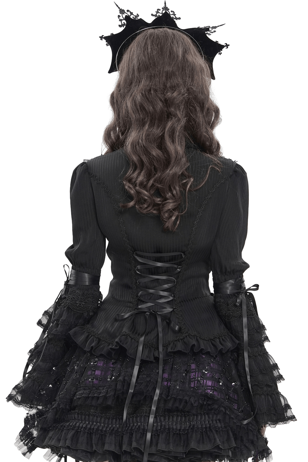 Gothic Victorian Lace Blouse with Corset Back featuring ruffled sleeves and lace-up detail at the back.