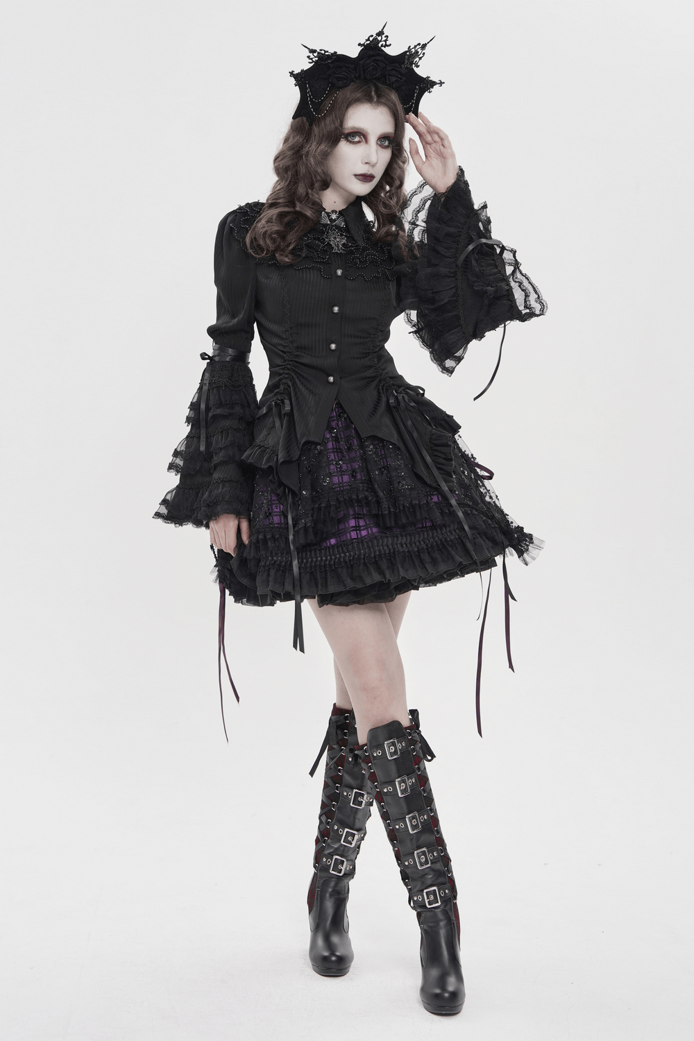 Gothic Victorian Lace Blouse with Corset Back styled with layered ruffle sleeves and dramatic corset skirt.