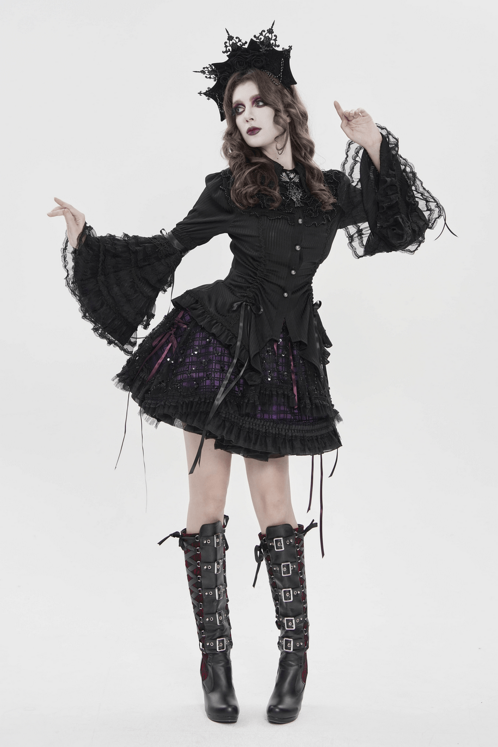 Gothic Victorian Lace Blouse with Corset Back styled with layered ruffle sleeves and dramatic black skirt.