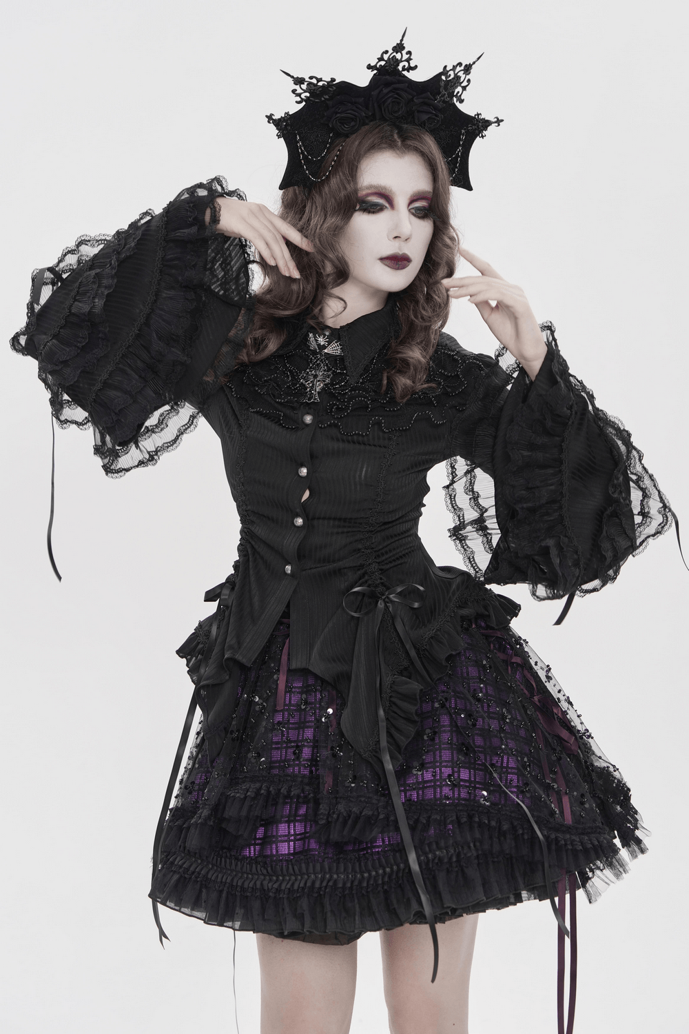 Gothic Victorian Lace Blouse with Corset Back paired with a dramatic layered ruffle skirt.