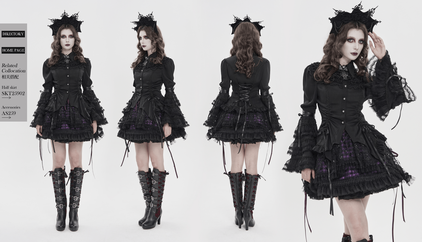 Gothic Victorian Lace Blouse with Corset Back worn with a layered ruffle skirt and knee-high boots in a dramatic, dark outfit.