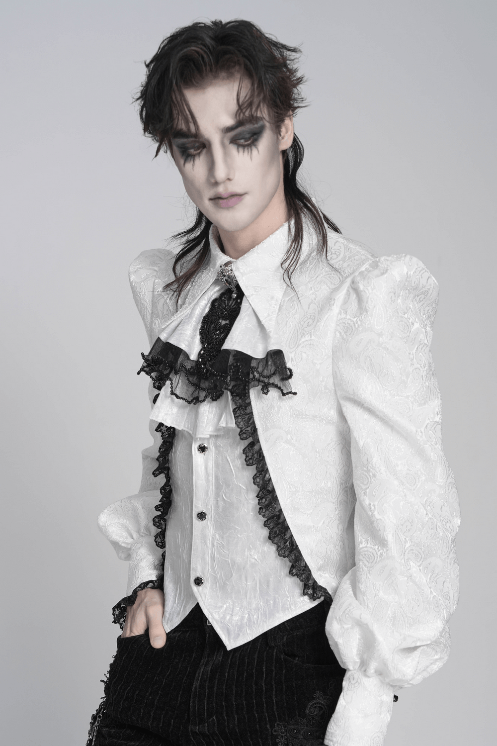 Gothic Victorian Lace Jabot Collar With Brooch worn by a model showcasing a dramatic gothic fashion look.