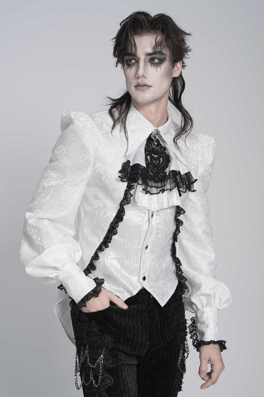 Gothic Victorian Lace Jabot Collar With Brooch elegantly styled on a model, showcasing intricate lace details.