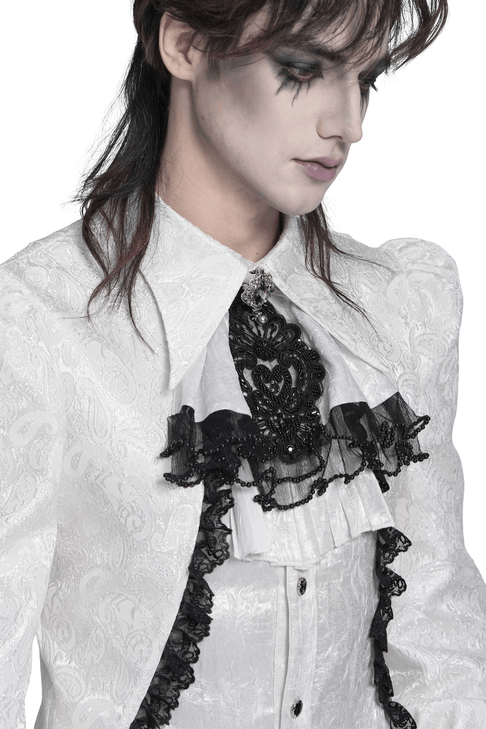 Gothic Victorian Lace Jabot Collar With Brooch showcasing intricate lace and elegant design.