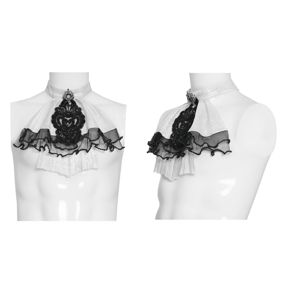 Gothic Victorian Lace Jabot Collar With Brooch displayed on a mannequin from different angles.