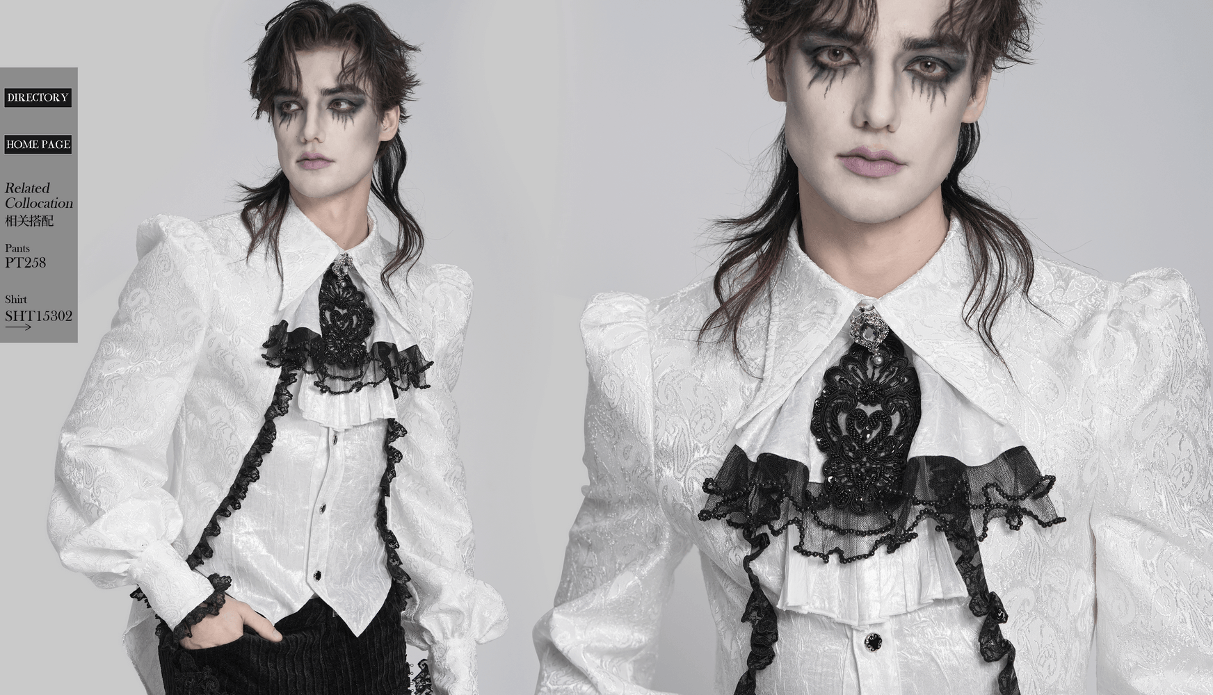 Gothic Victorian Lace Jabot Collar With Brooch worn by model showcasing a dramatic high-fashion outfit.